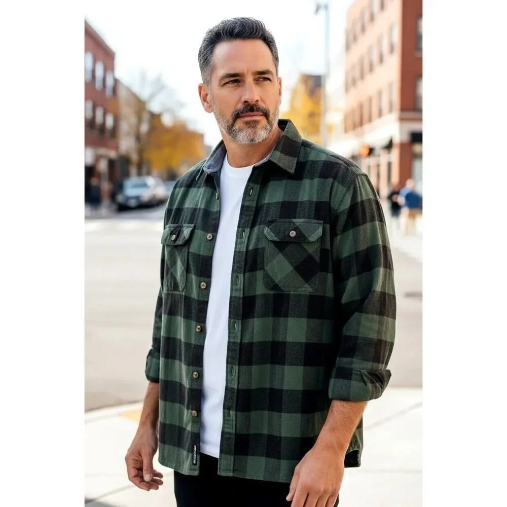 Jack's Heritage Mens Heavy Duty Green & Black Plaid Flannel Shirt - Size: XL